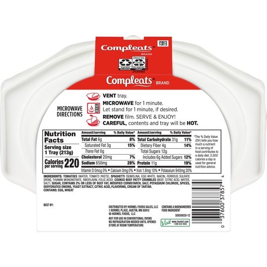 HORMEL COMPLEATS Spaghetti & Meat Sauce, Shelf Stable, 7.5 oz Plastic Tray