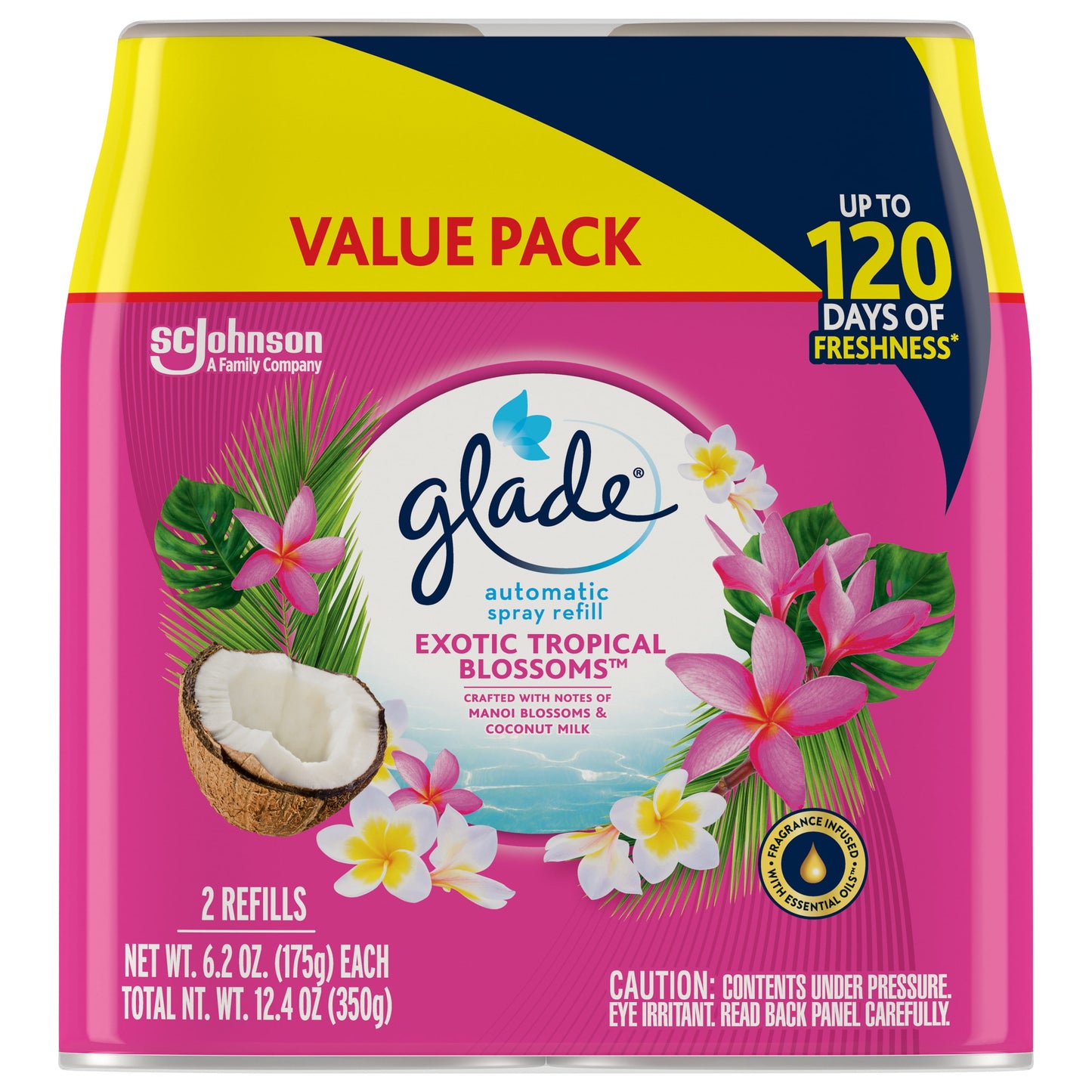 Glade Automatic Spray Refill 2 CT, Exotic Tropical Blossoms, 12.4 OZ. Total, Air Freshener Infused with Essential Oils