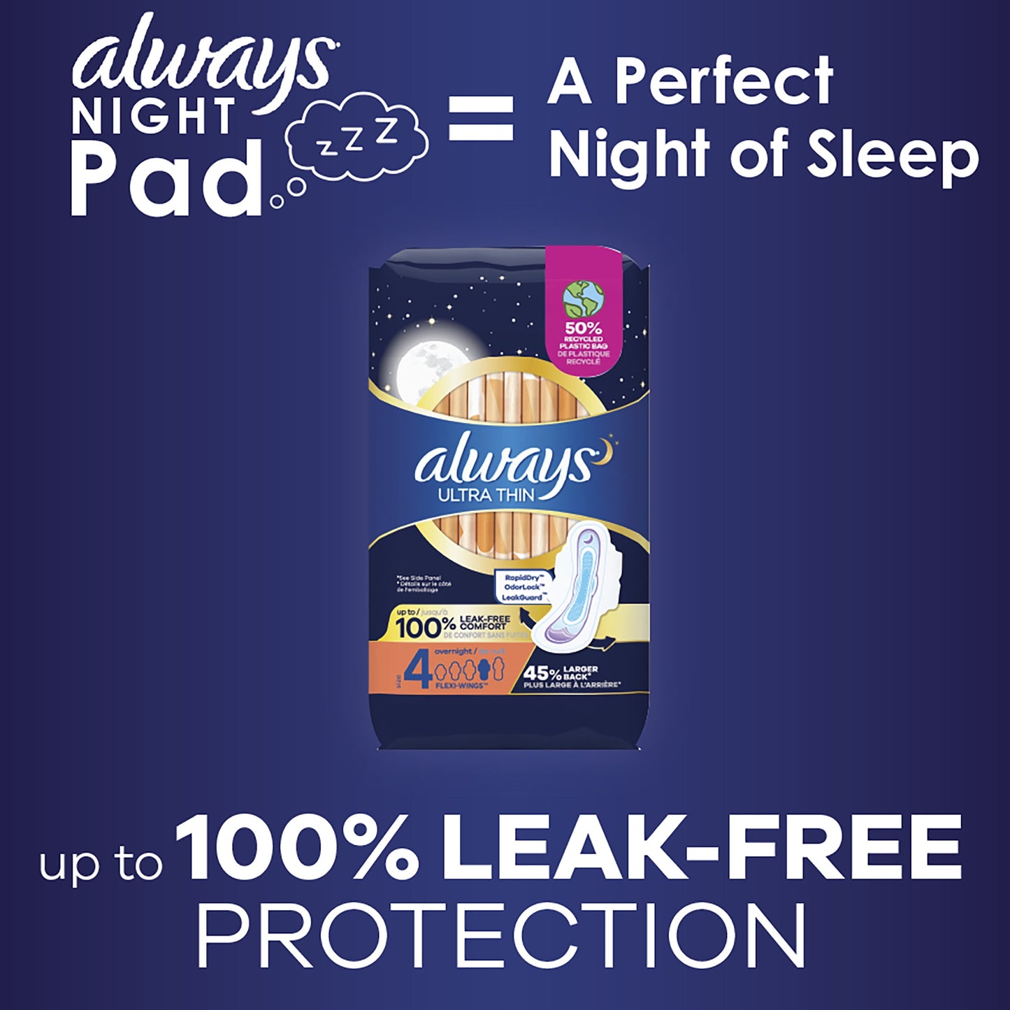 Always Ultra Thin Overnight Pads with Wings, Size 4, Overnight Absorbency, 50 CT