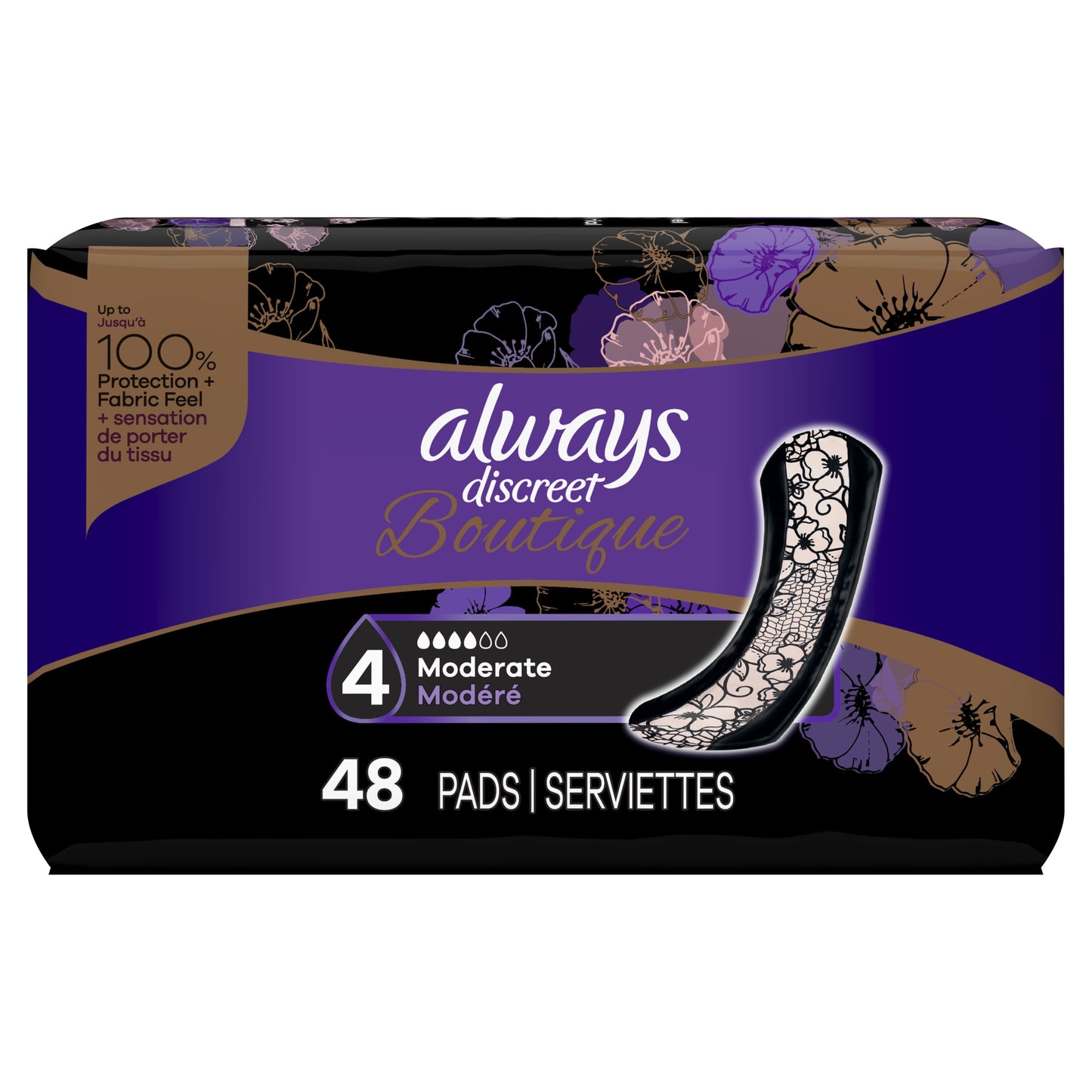 Always Discreet Boutique Incontinence Pads, Moderate Absorbency, Regular Length, 48 CT