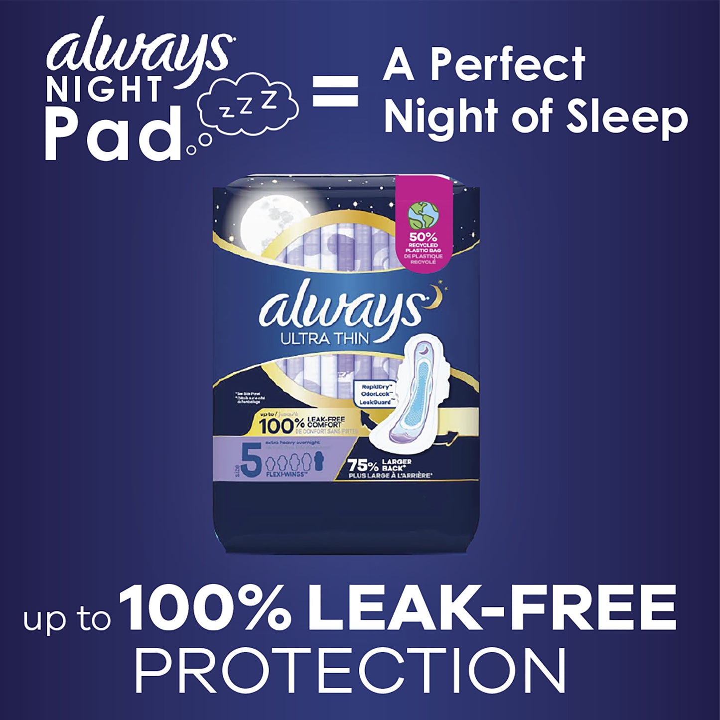 Always Ultra Thin Overnight Pads with Wings, Size 5, Extra Heavy Overnight Absorbency, 34 Count