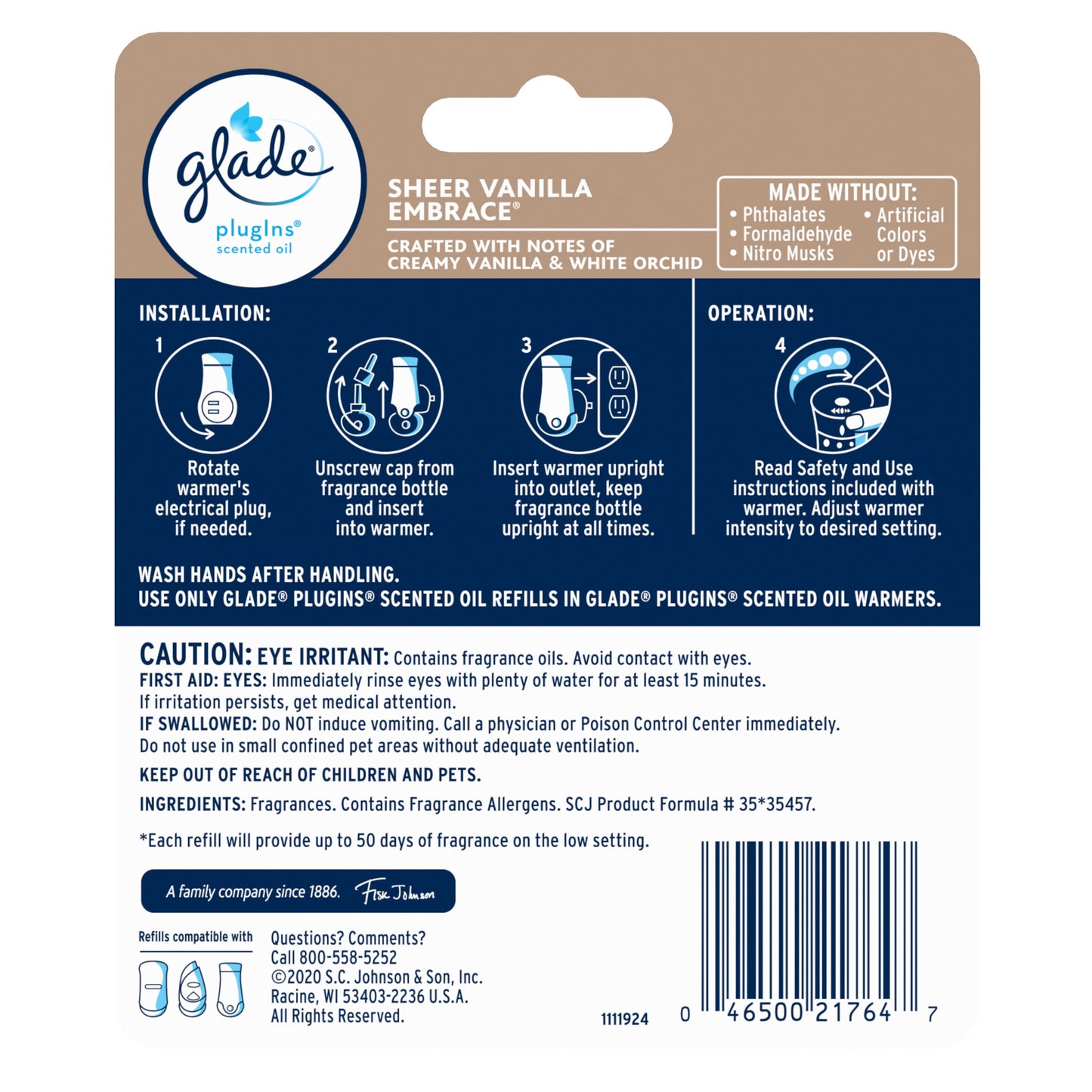 Glade PlugIns Refill 2 ct, Sheer Vanilla Embrace, 1.34 FL. oz. Total,  Scented Oil Air Freshener Infused with Essential Oils