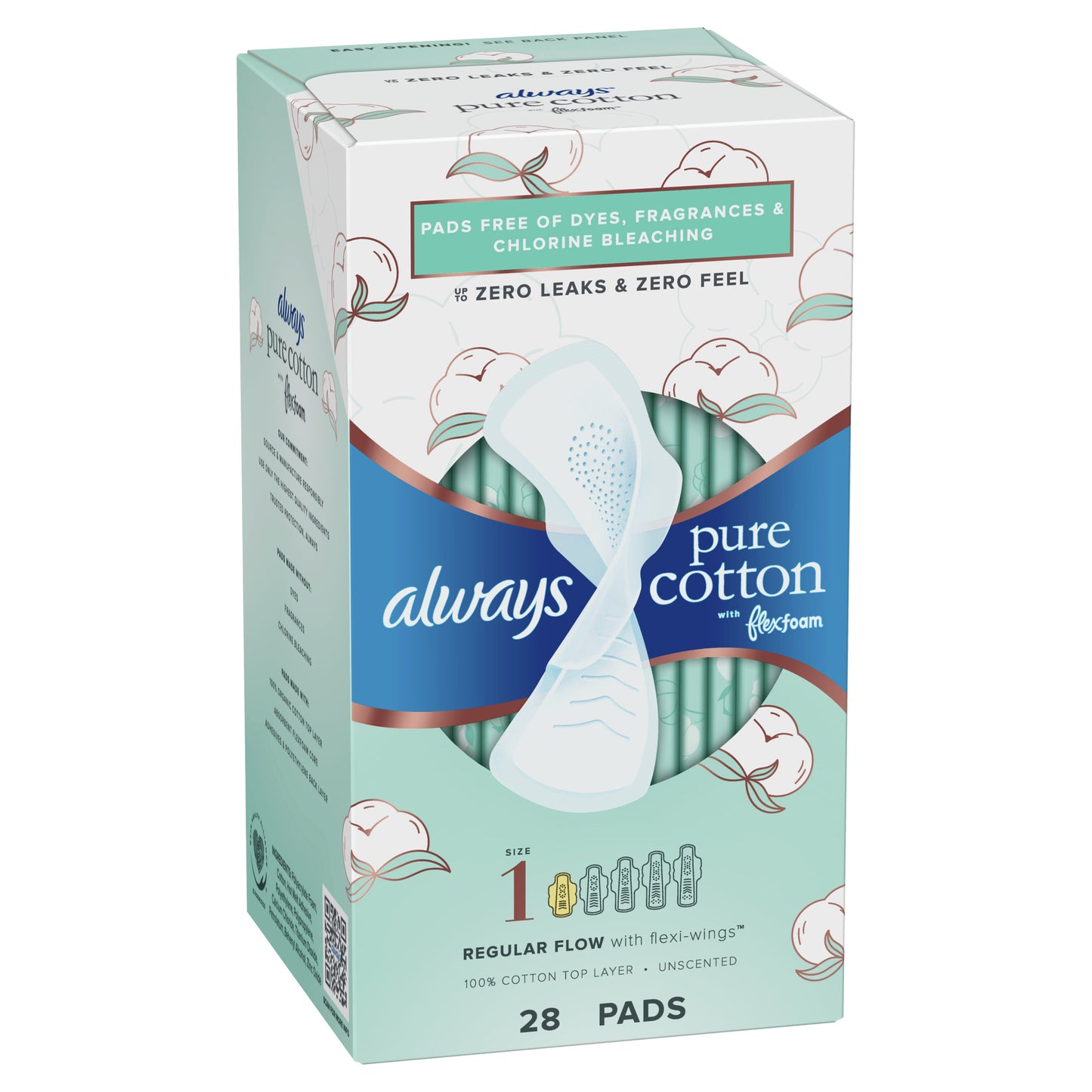 Always Pure Cotton Feminine Pads With Wings, Size 1, Regular Absorbency, 28 CT