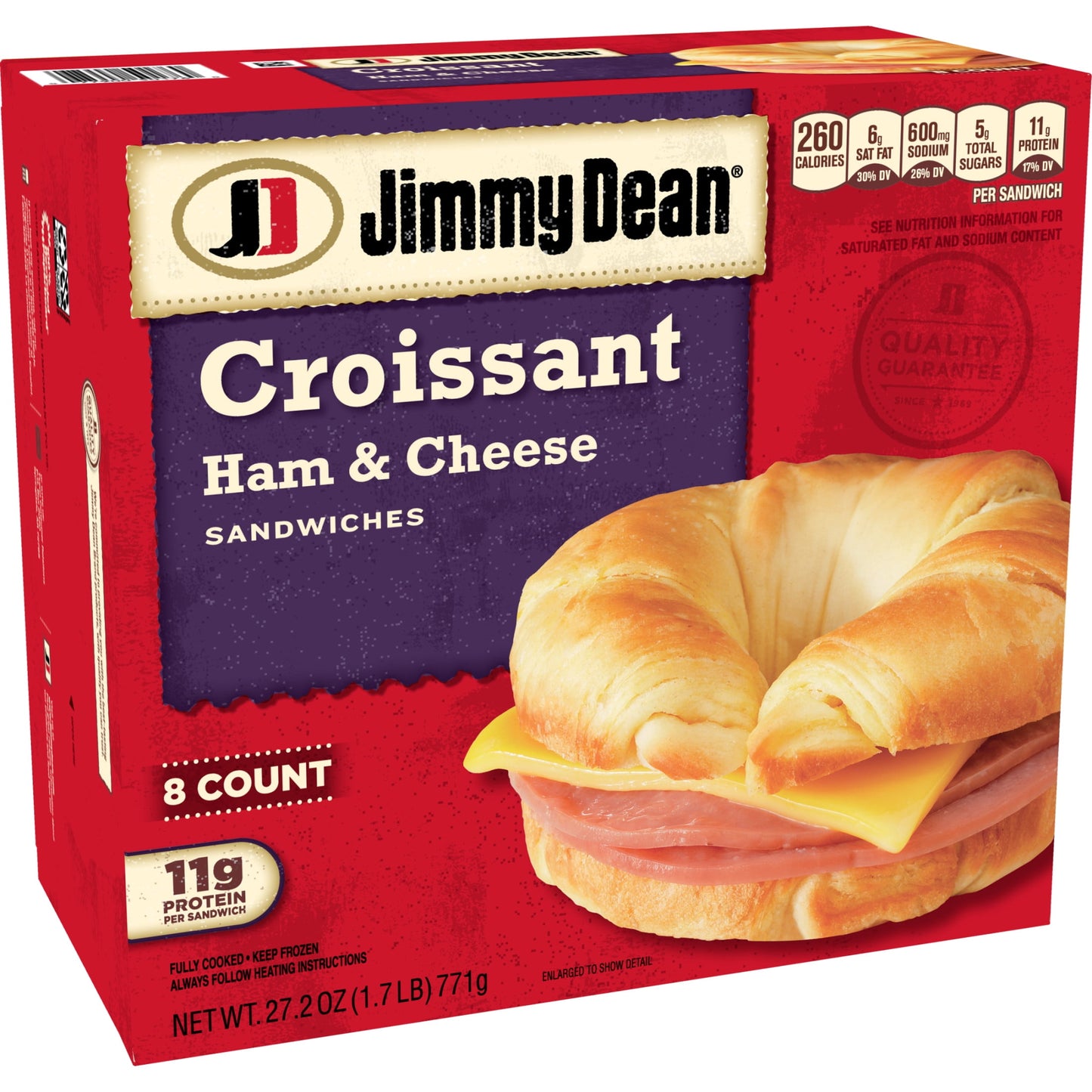 Jimmy Dean Ham & Cheese Croissant Sandwich, 27.2 oz, 8 Count (Frozen)