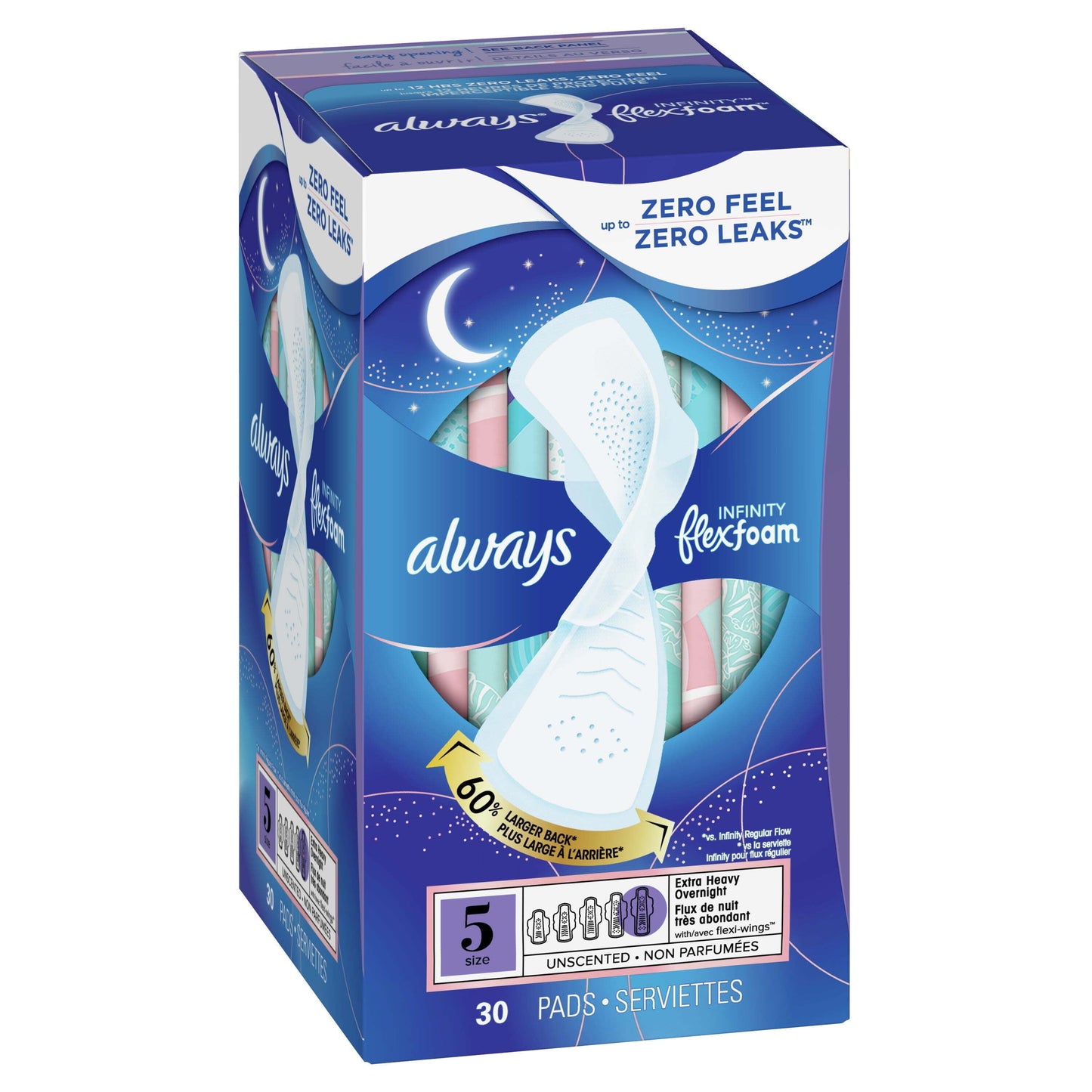 Always Infinity Feminine Pads with Wings, Size 5, Extra Heavy Overnight Absorbency, unscented, 30 Ct