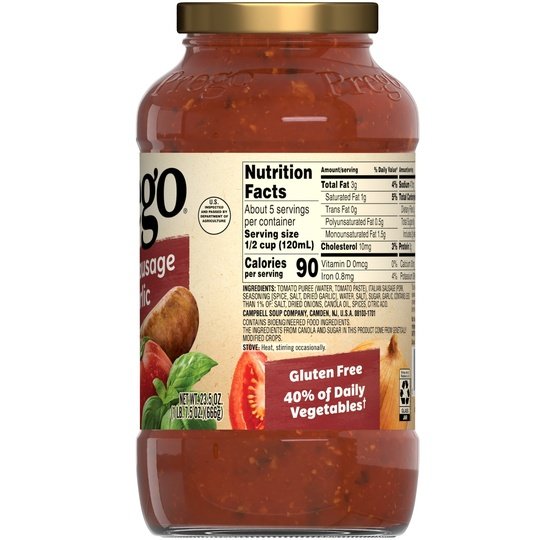 Prego Italian Sausage and Garlic Spaghetti Sauce, 23.5 oz Jar