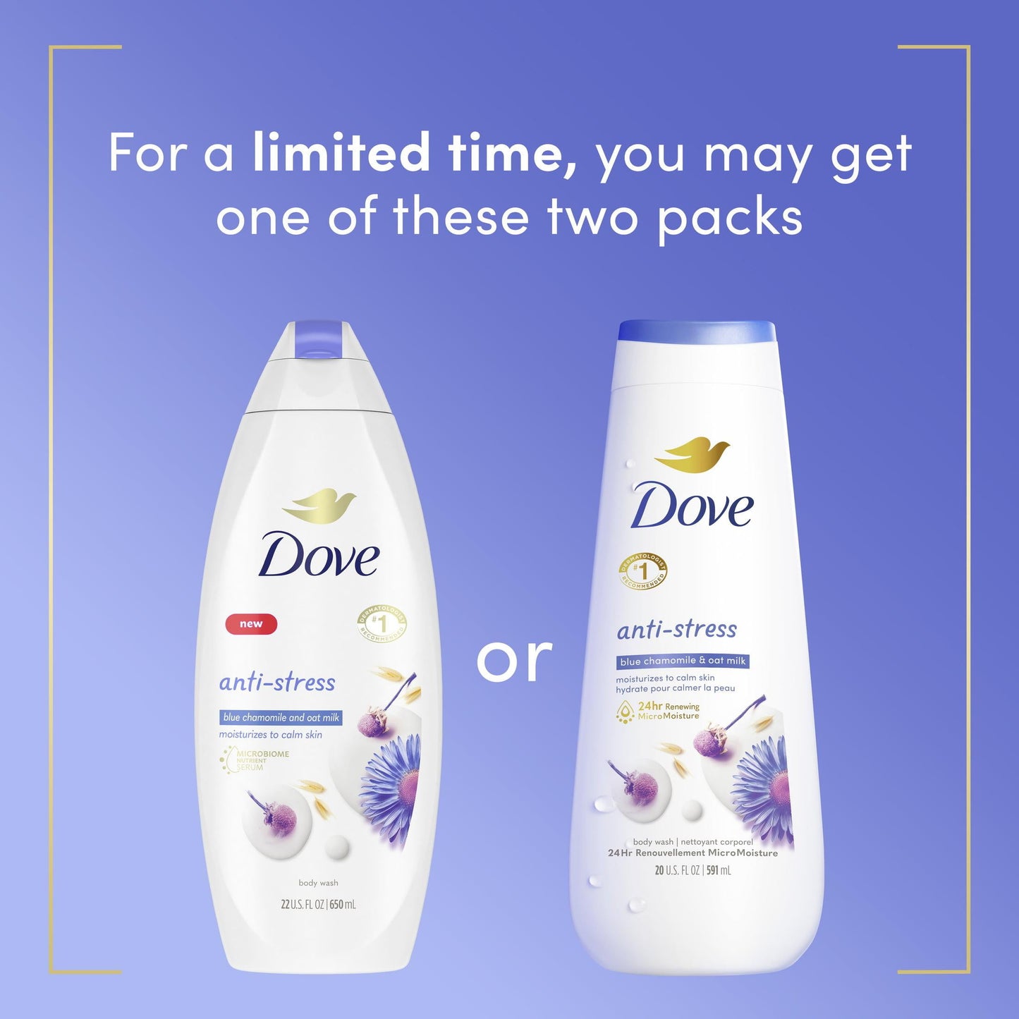 Dove Anti-Stress Long Lasting Body Wash, Blue Chamomile and Oat Milk, 20 fl oz