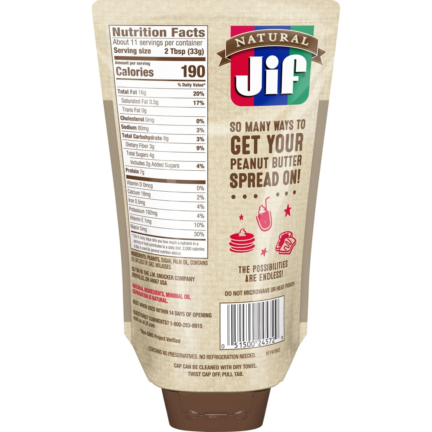 Jif Natural Squeeze Creamy Peanut Butter Spread, 13 oz.  Smooth, Creamy Texture, Portable Peanut Butter Spread Pouch