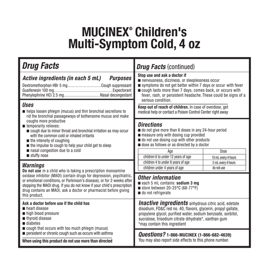 Mucinex Children's Cold & Flu Medicine, Multi-Symptom Relief, 4 fl oz