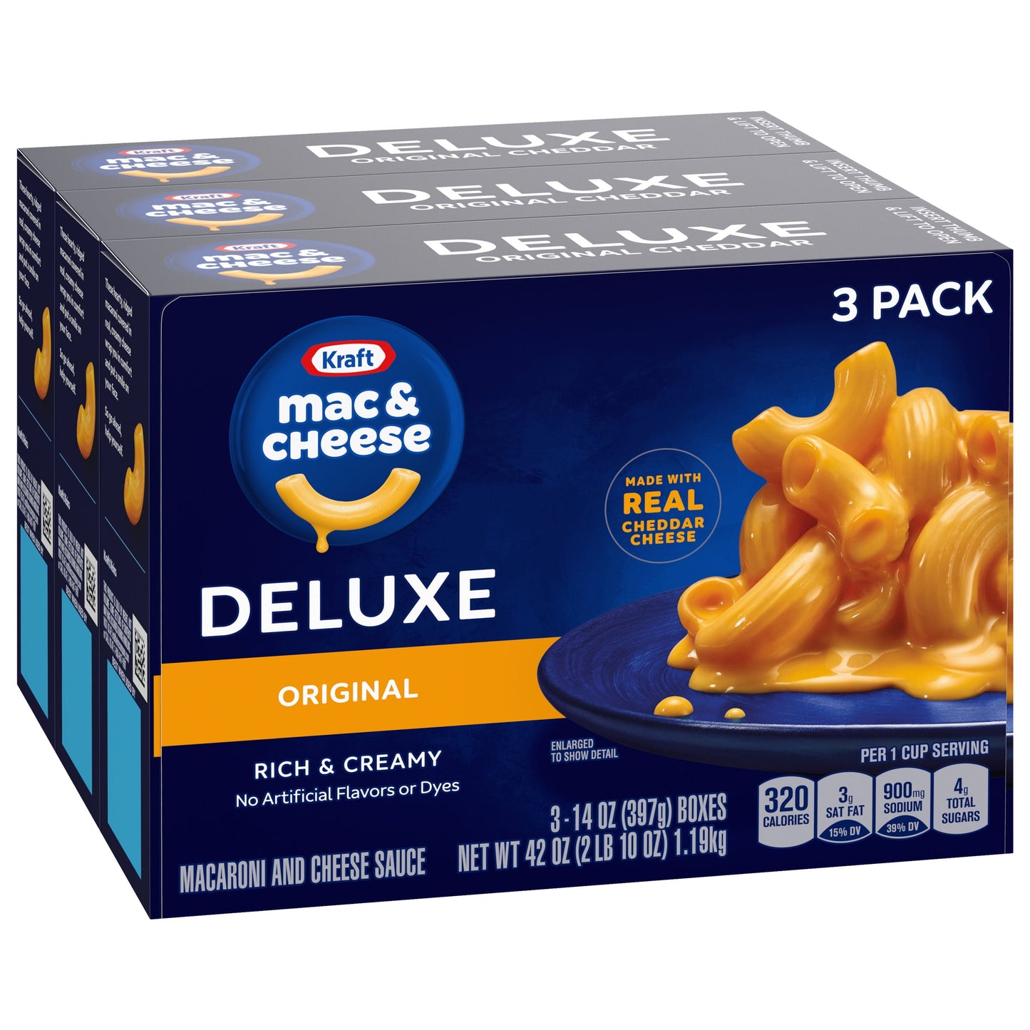 Kraft Deluxe Original Cheddar Mac N Cheese Macaroni and Cheese Dinner, 3 ct Pack, 14 oz Boxes