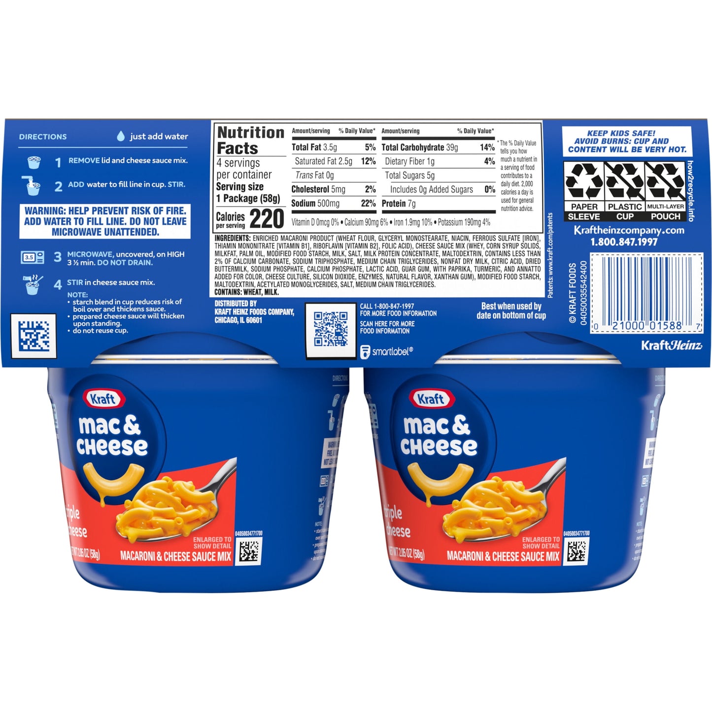 Kraft Triple Cheese Mac N Cheese Macaroni and Cheese Cups Easy Microwavable Dinner, 4 ct Pack, 2.05 oz Cups