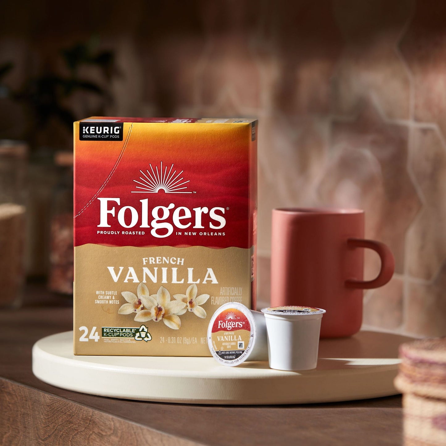 Folgers French Vanilla Artificially Flavored Coffee, Mild Roast, Keurig K-Cup Pods, 24 Count Box