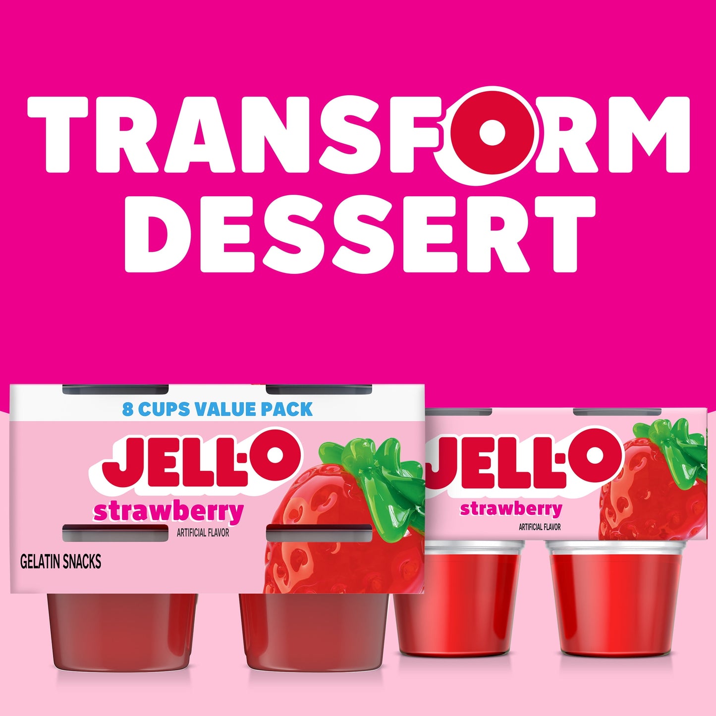 Jell-O Original Strawberry Jello Cups Gelatin Snack Value Pack, 8 Ct Cups