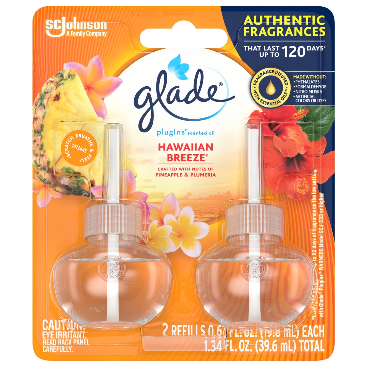 Glade PlugIns Refill 2 ct, Hawaiian Breeze, 1.34 FL. oz. Total, Scented Oil Air Freshener Infused with Essential Oils