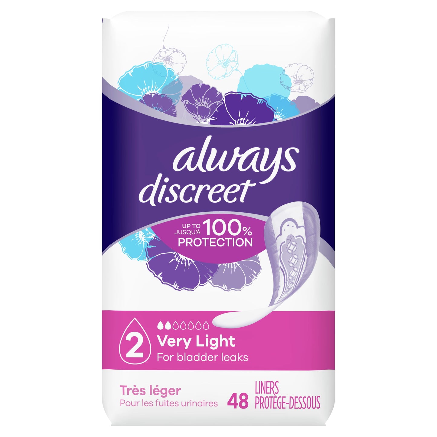 Always Discreet Incontinence Liners, Very Light Regular, 48 CT