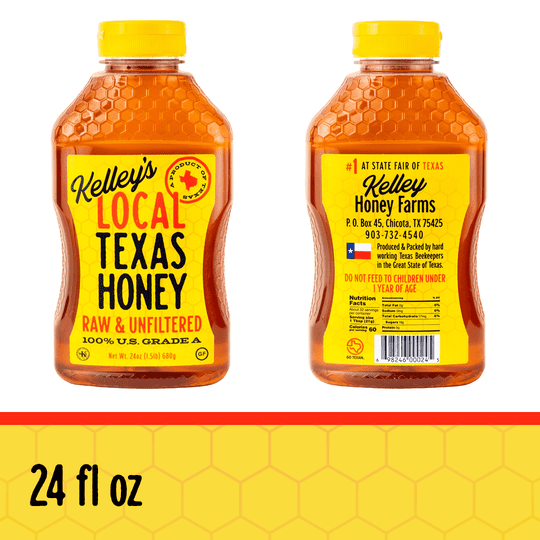 Kelley's Local Texas Honey 100% Pure Grade A, Raw and Unfiltered Honey, 24 oz