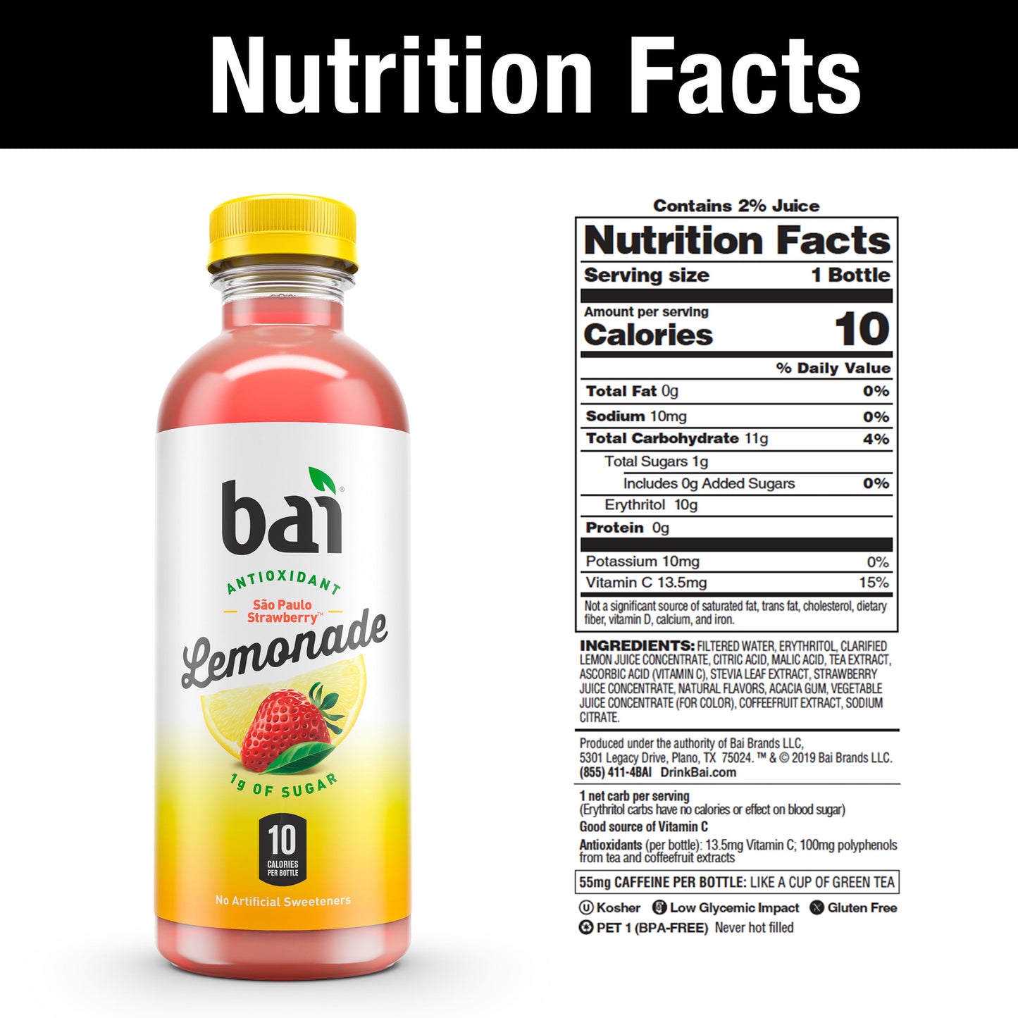 Bai Sao Paulo Strawberry Lemonade Antioxidant Infused Flavored Water, 18 fl oz, Bottle