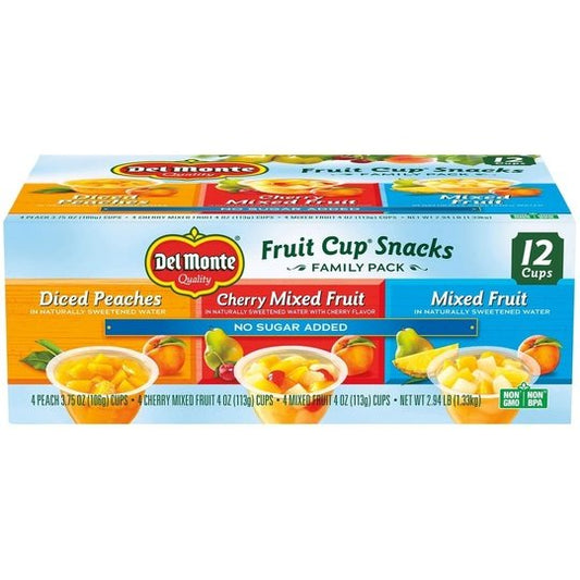 (12 Cups) Del Monte Fruit Cup Snacks, Family Pack, No Sugar Added, 4 oz