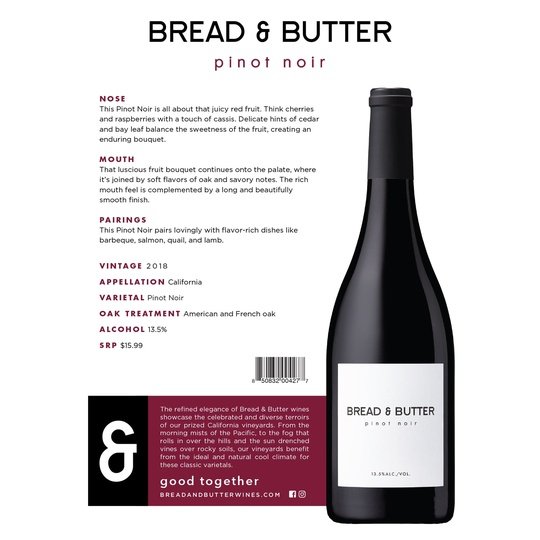 Bread & Butter Pinot Noir Red Wine, California, 13.5% ABV, 750ml Glass Bottle, 5-150ml Servings