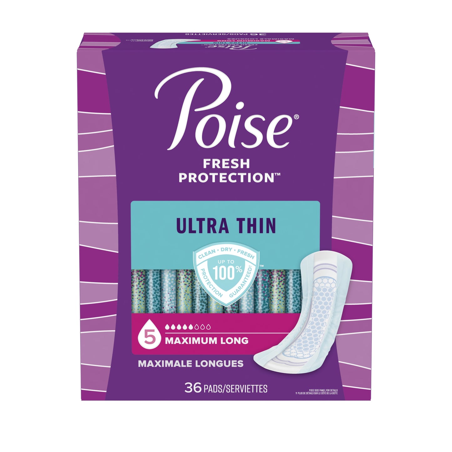 Poise Ultra Thin Incontinence Pads for Women, 5 Drop, Maximum Absorbency, Long, 36Ct