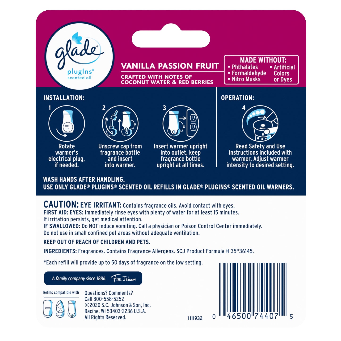 Glade PlugIns Refill 2 ct, Vanilla Passion Fruit, 1.34 FL. oz. Total, Scented Oil Air Freshener Infused with Essential Oils