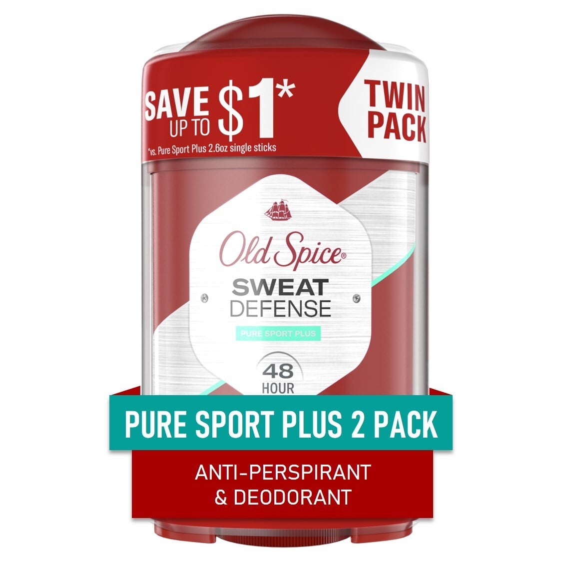 Old Spice Sweat Defense Antiperspirant Deodorant for Men, Pure Sport Plus, 2.6 oz Twin Pack