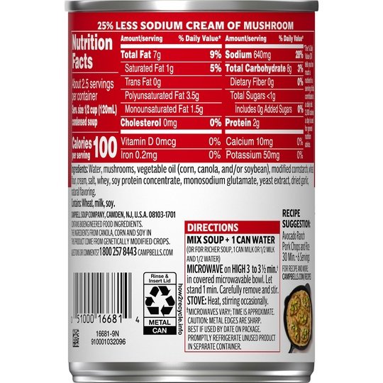 Campbell's Condensed 25% Less Sodium Cream of Mushroom Soup, 10.5 Ounce Can