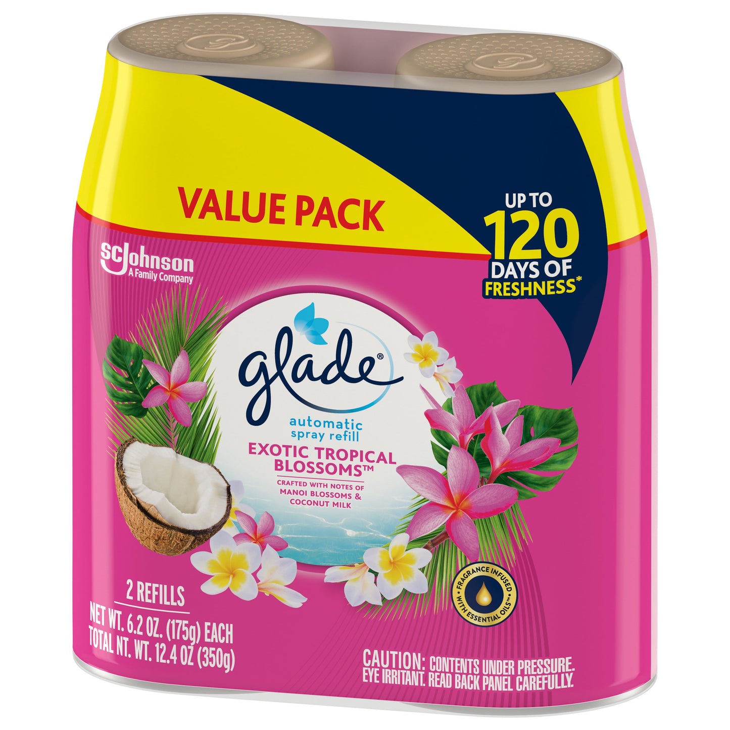 Glade Automatic Spray Refill 2 CT, Exotic Tropical Blossoms, 12.4 OZ. Total, Air Freshener Infused with Essential Oils