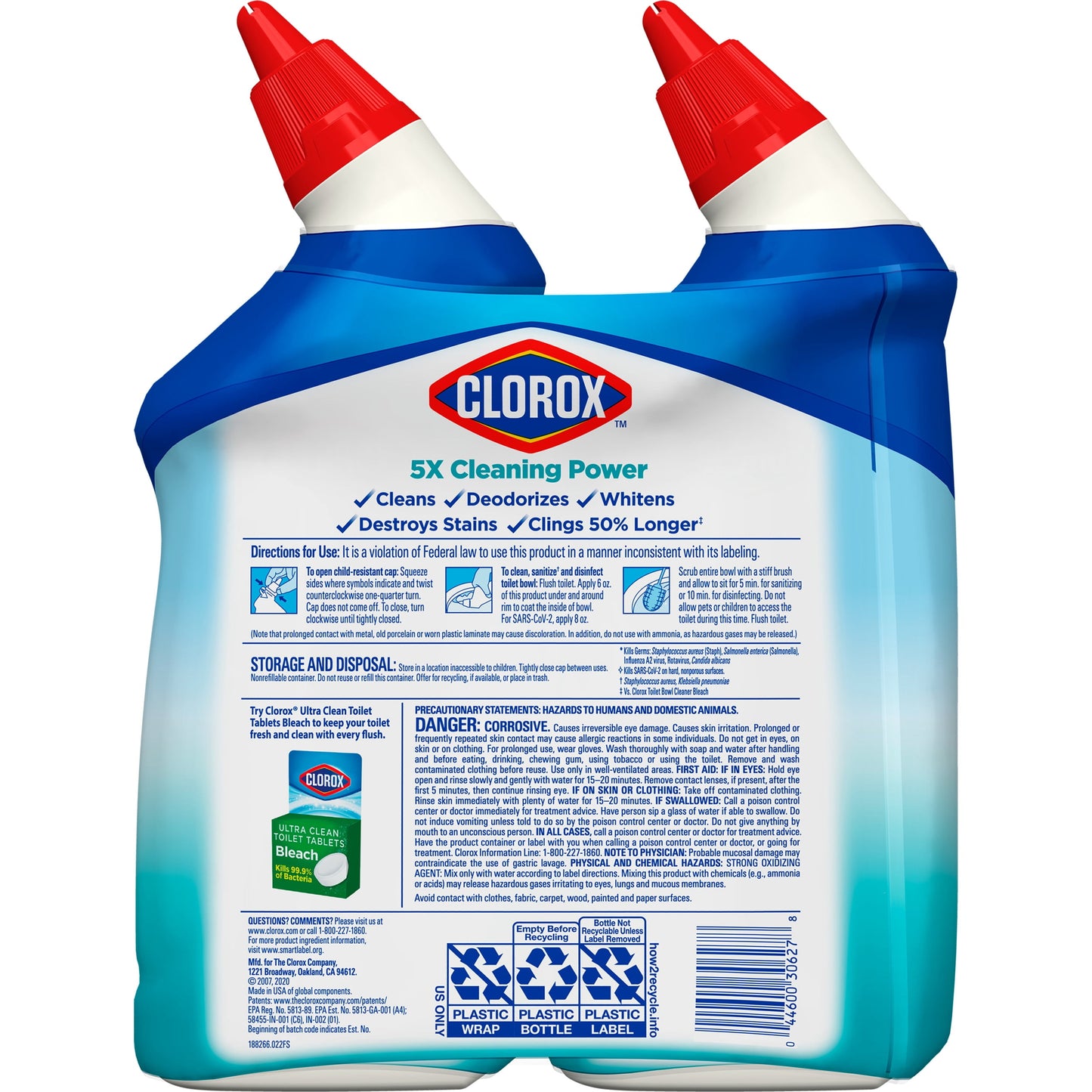 Clorox Toilet Bowl Cleaner Clinging Bleach Gel, Ocean Mist, 24 fl oz, 2 Pack