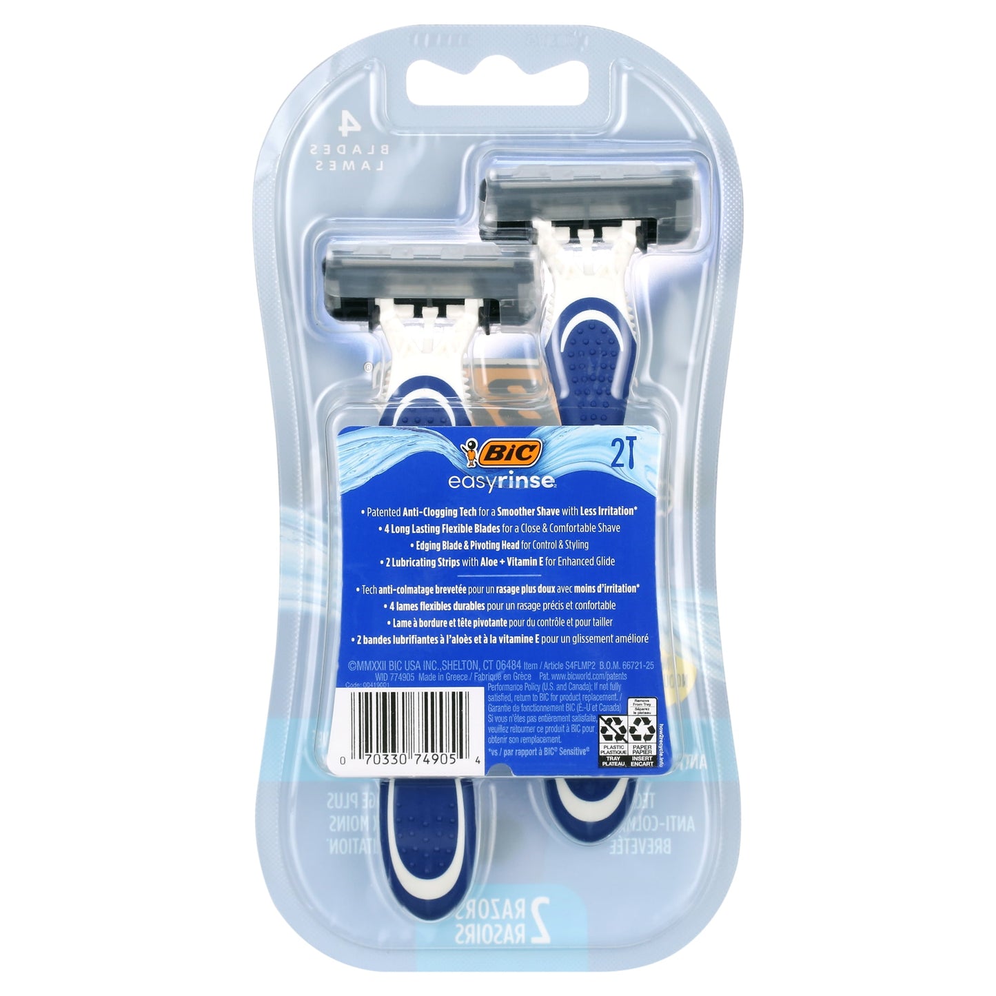 BIC EasyRinse Anti-Clogging Men's Disposable Razors, 4 Blades, 2 Count