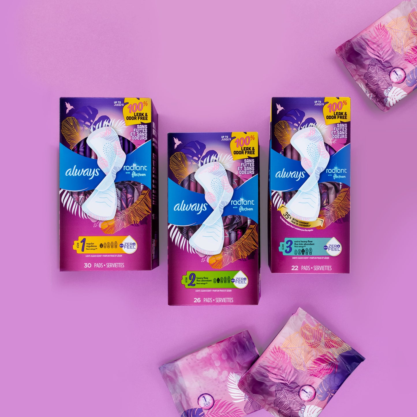 Always Radiant Feminine Pads with Wings, Size 2, Heavy Absorbency, Scented, 36 CT