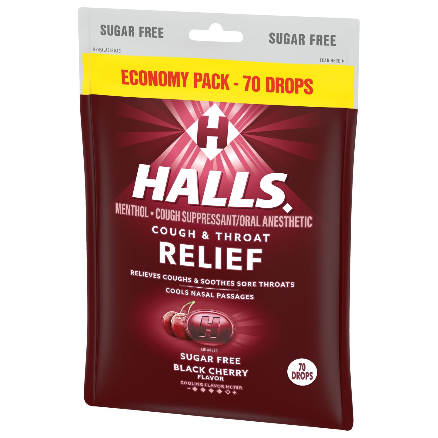 HALLS Relief Sugar Free Black Cherry Flavor Cough Drops, Economy Pack, 1 Bag (70 Drops)