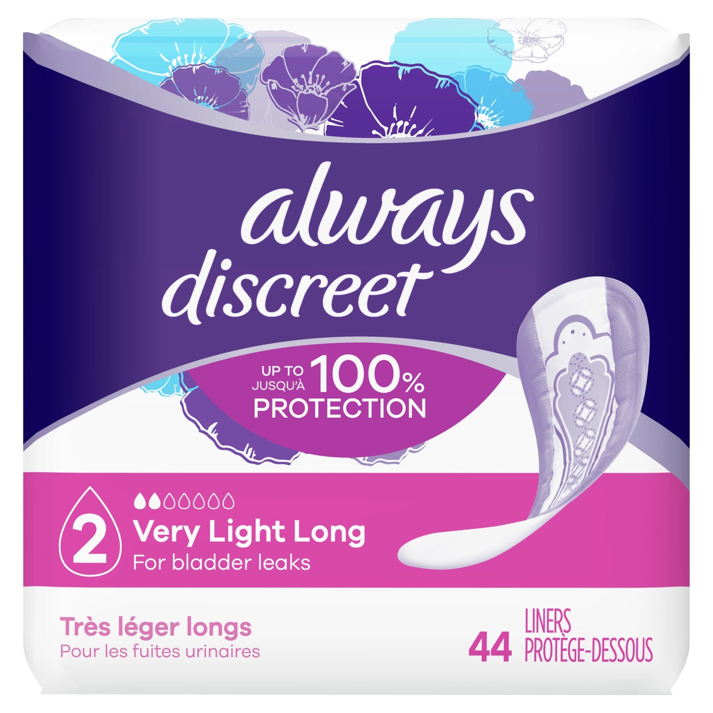 Always Discreet Postpartum Incontinence Liners, Very Light Absorb, Long Length, 44 Ct