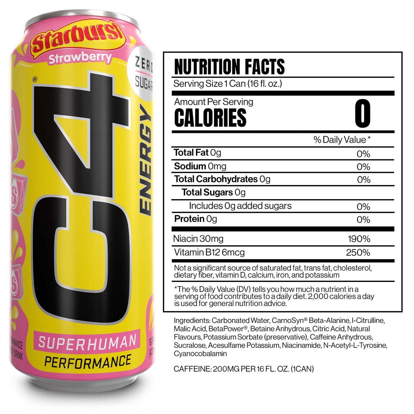 C4 Energy Drink + Strawberry Starburst + Zero Sugar + Explosive Energy Juicy Flavor + 16oz Single Can