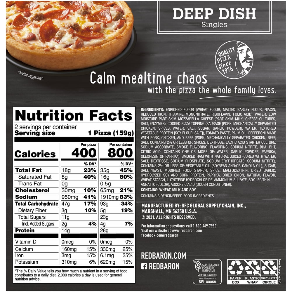 Red Baron, Pizza Deep Dish Singles Meat Trio, 11.20 oz, 2 Ct (Frozen)