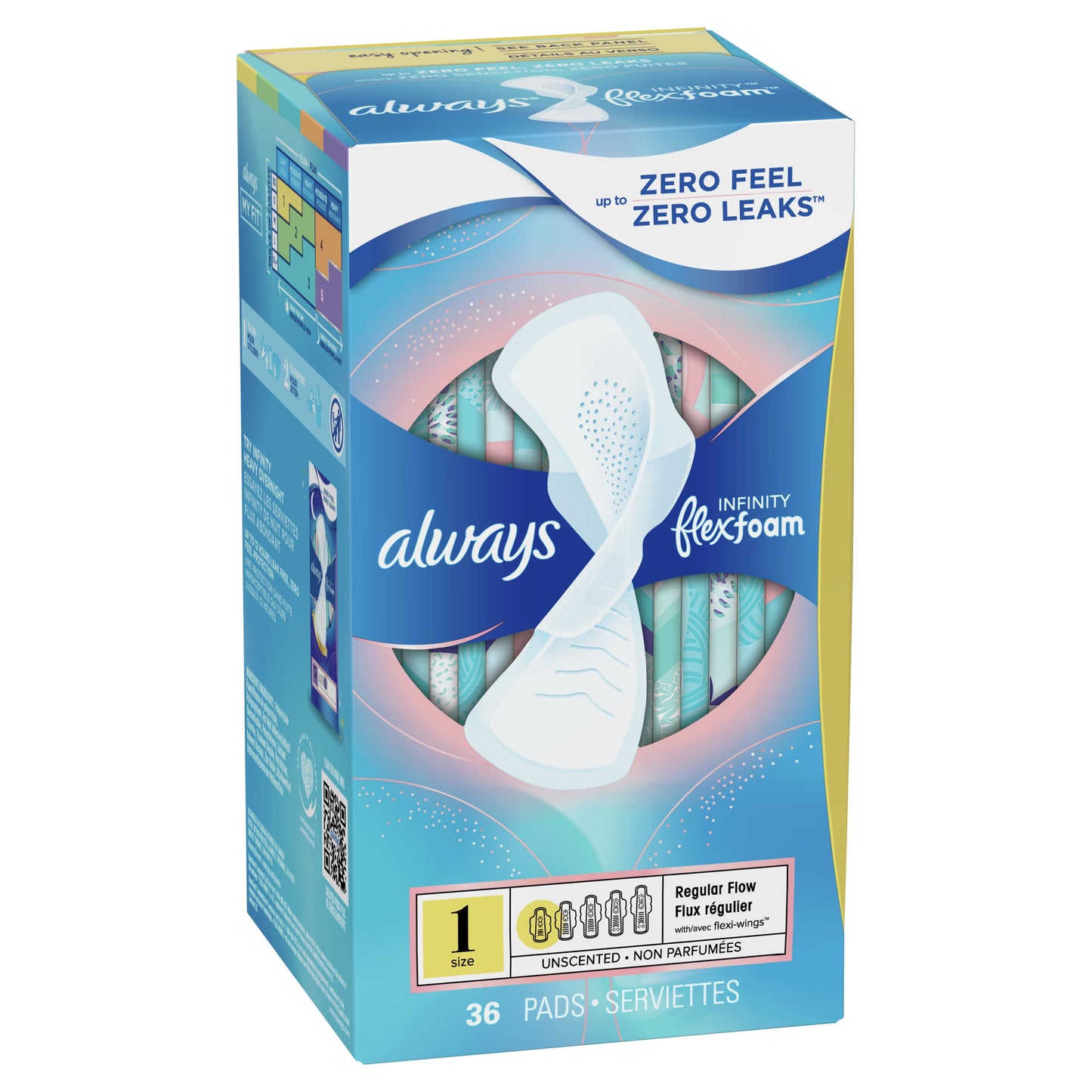 Always Infinity Feminine Pads with Wings, Size 1, Regular Absorbency, Unscented, 36 Count