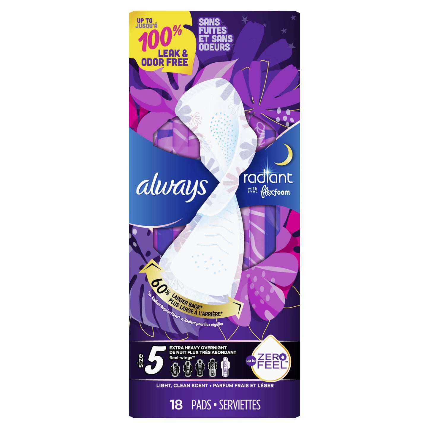 Always Radiant Feminine Pads with Wings, Size 5, Extra Heavy Overnight Absorbency, Scented, 18 Count