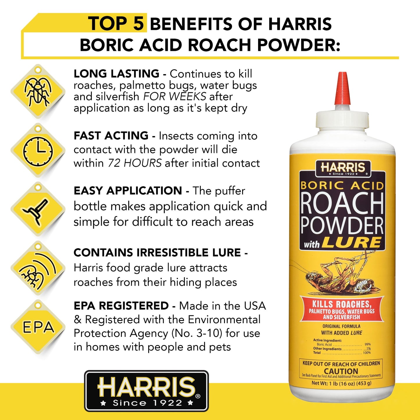 Harris Products Group Boric Acid Indoor Roach Killer with Applicator, 16 oz.