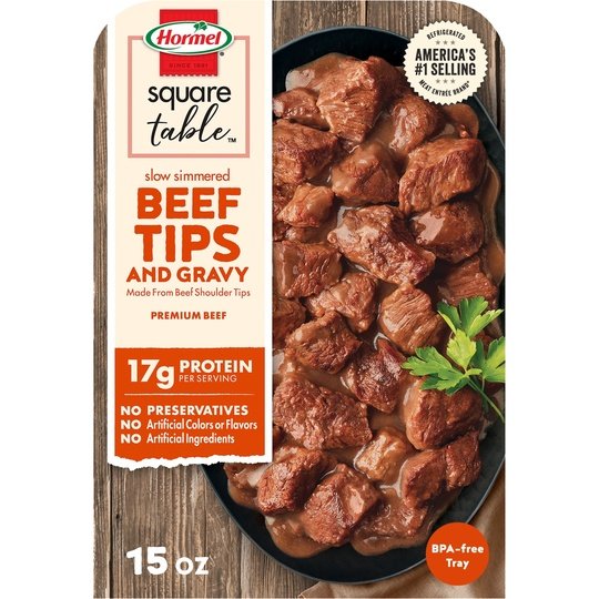 HORMEL SQUARE TABLE Slow Simmered Beef Tips & Gravy, Beef Shoulder Cuts,  Refrigerated Entrée, 15 oz Plastic Tray