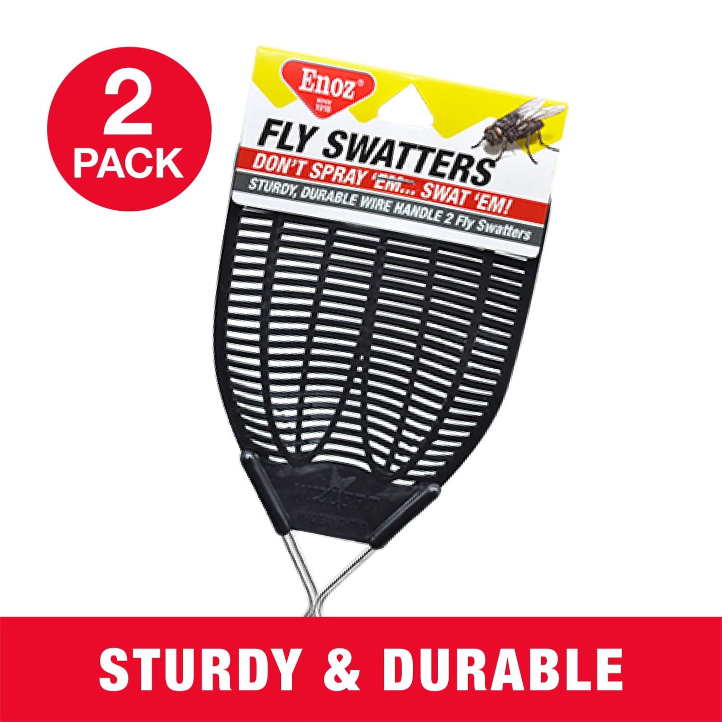 Enoz Fly Swatter, Wire Handled Plastic Fly Swatter, Assorted Colors, 2 Ct (4" L, 5" W, 21" H)