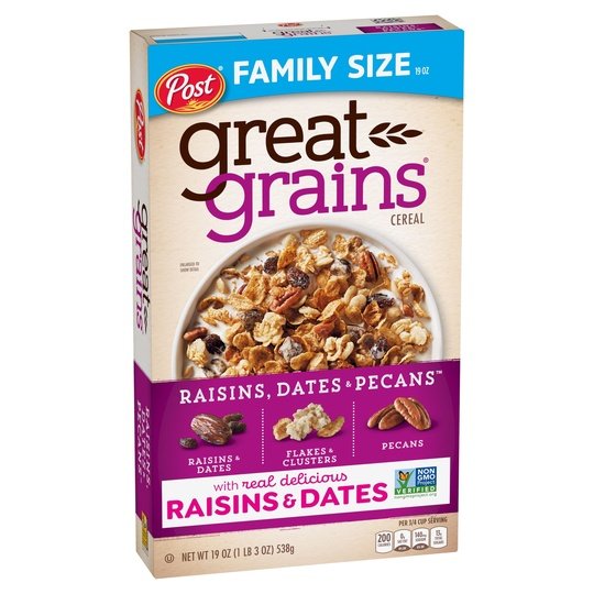 Post Great Grains Raisins, Dates & Pecans Breakfast Cereal, Non GMO Project Verified, Heart Healthy, Low Fat, Whole Grain Cereal, 19 Ounce