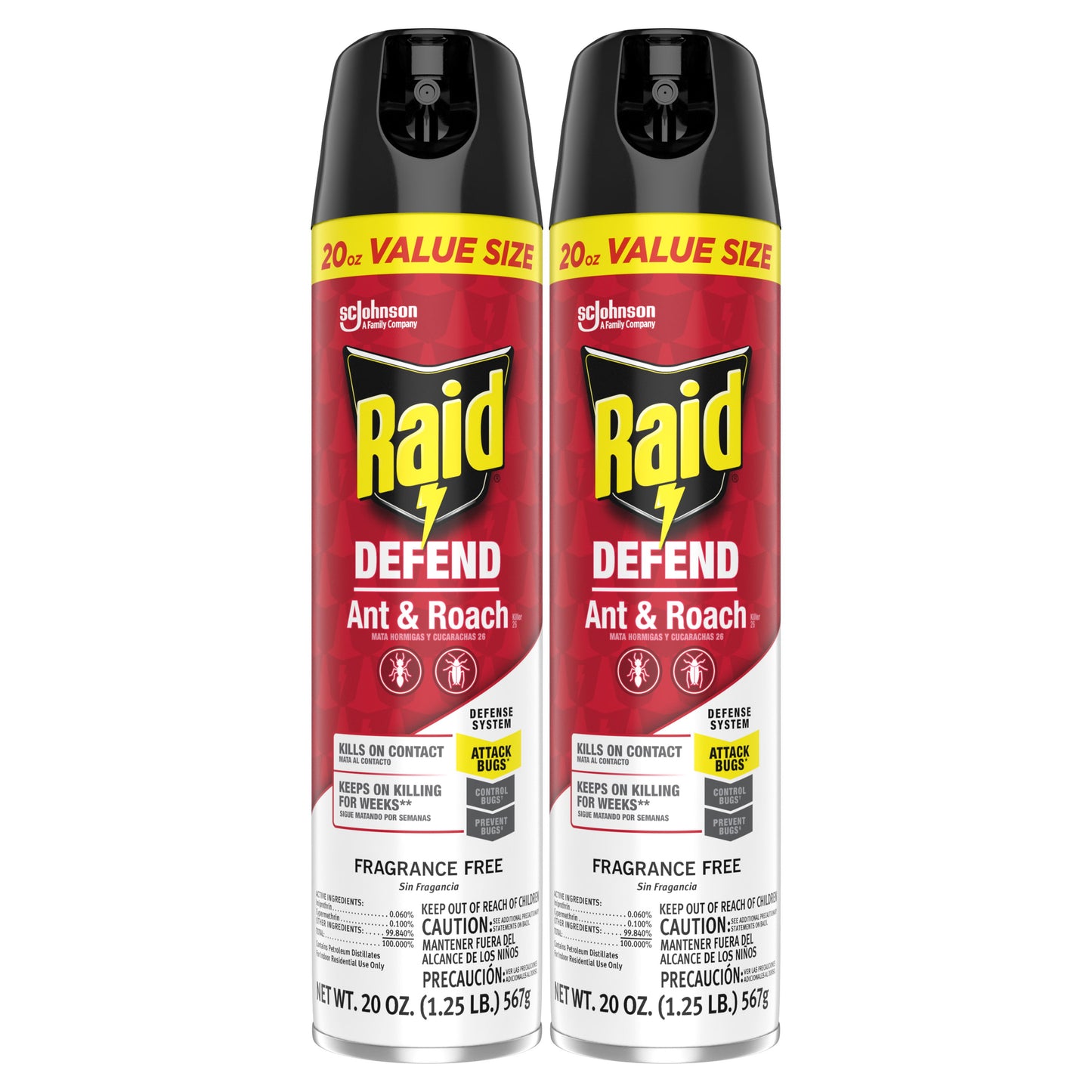 Raid Defend Ant and Roach Killer, Insect Killer Spray, Fragrance-Free, 20 oz, 2 Count