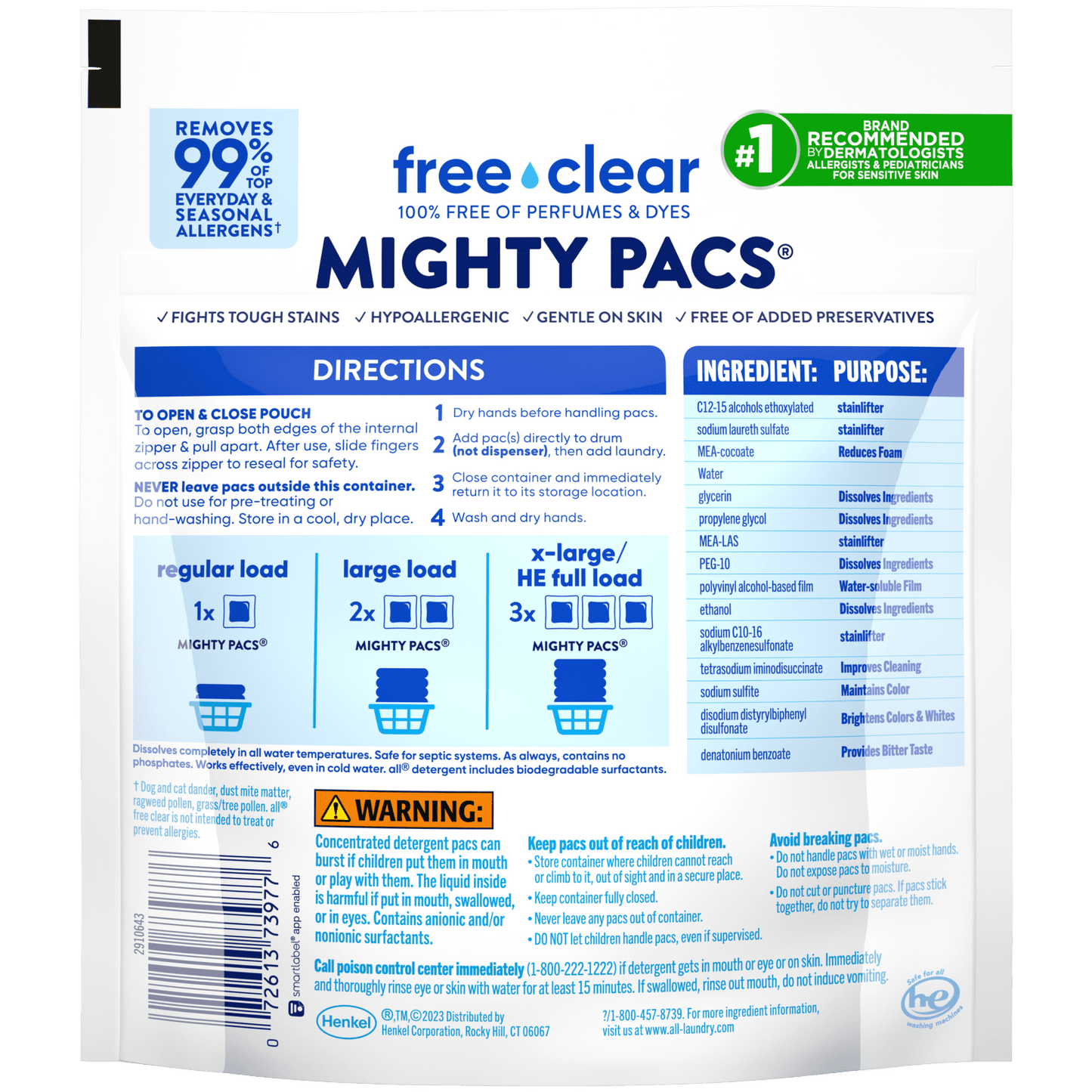 all Mighty Pacs Laundry Detergent Pacs, Free Clear for Sensitive Skin, Unscented and Dye Free, 19 Count