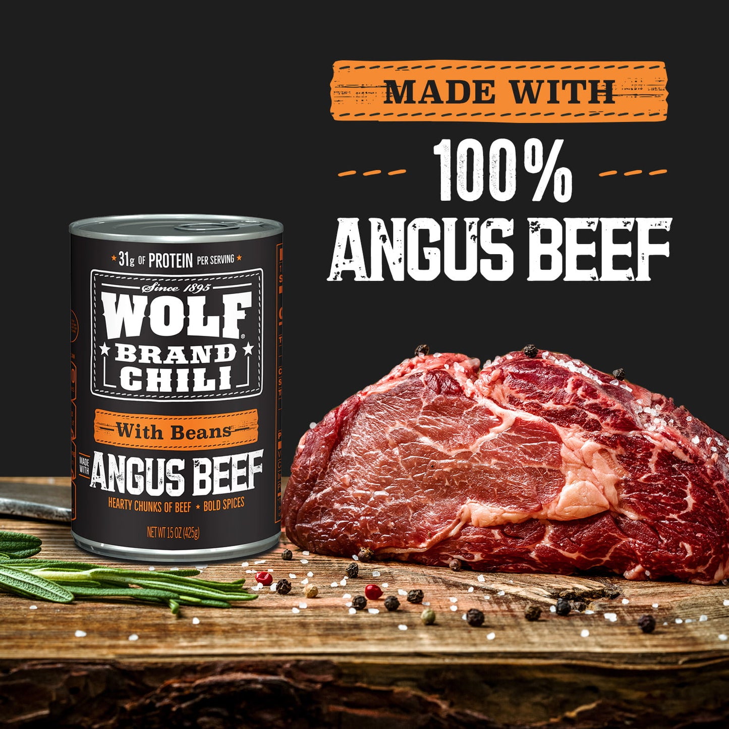 WOLF BRAND Angus With Beans Chili, 15 oz.