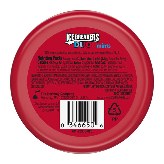 Ice Breakers Duo Fruit Plus Cool Strawberry Sugar Free Mints, Tin 1.3 oz