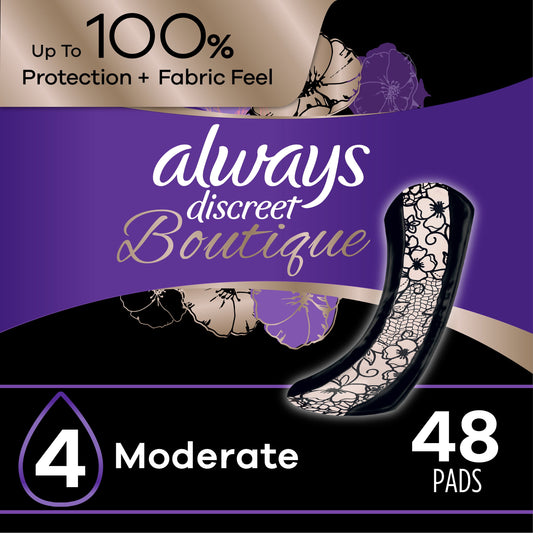 Always Discreet Boutique Incontinence Pads, Moderate Absorbency, Regular Length, 48 CT