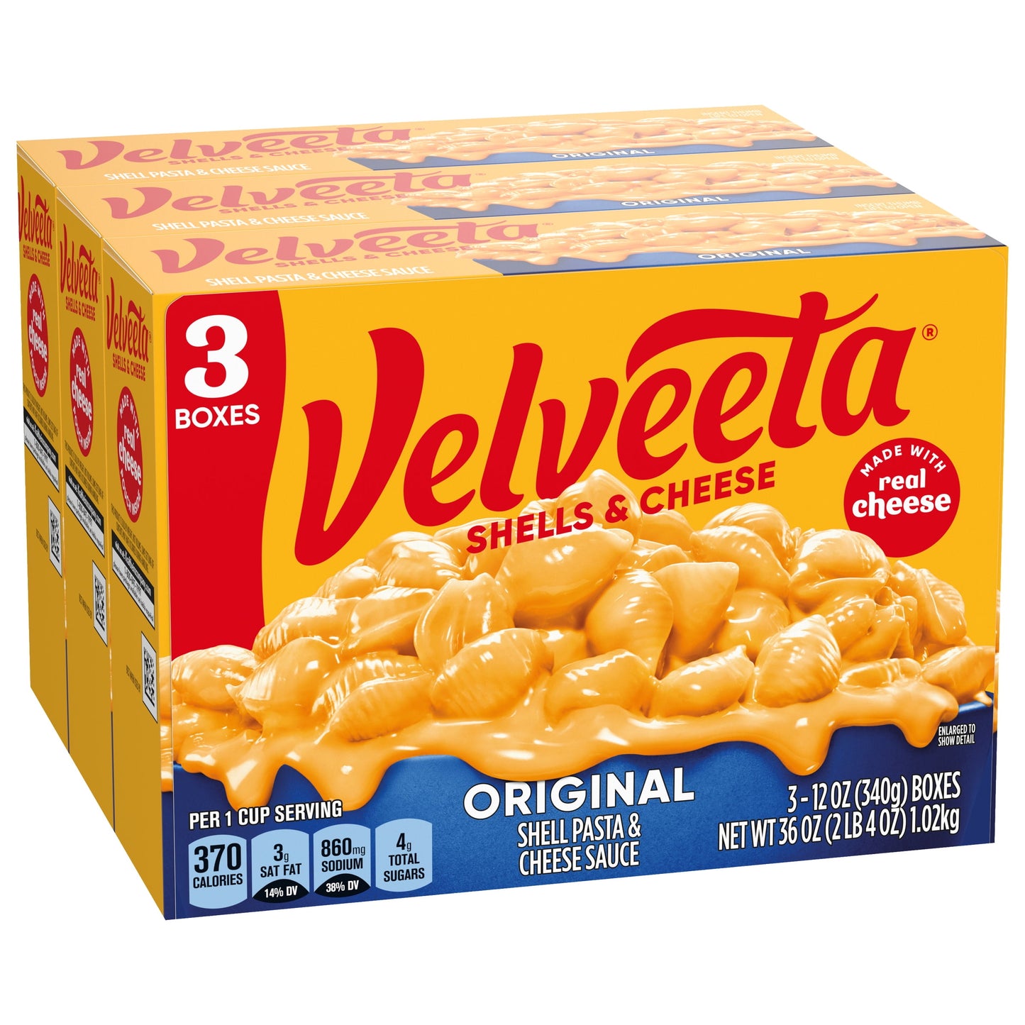 Velveeta Shells and Cheese Original Macaroni and Cheese Dinner, 3 ct Pack, 12 oz Boxes