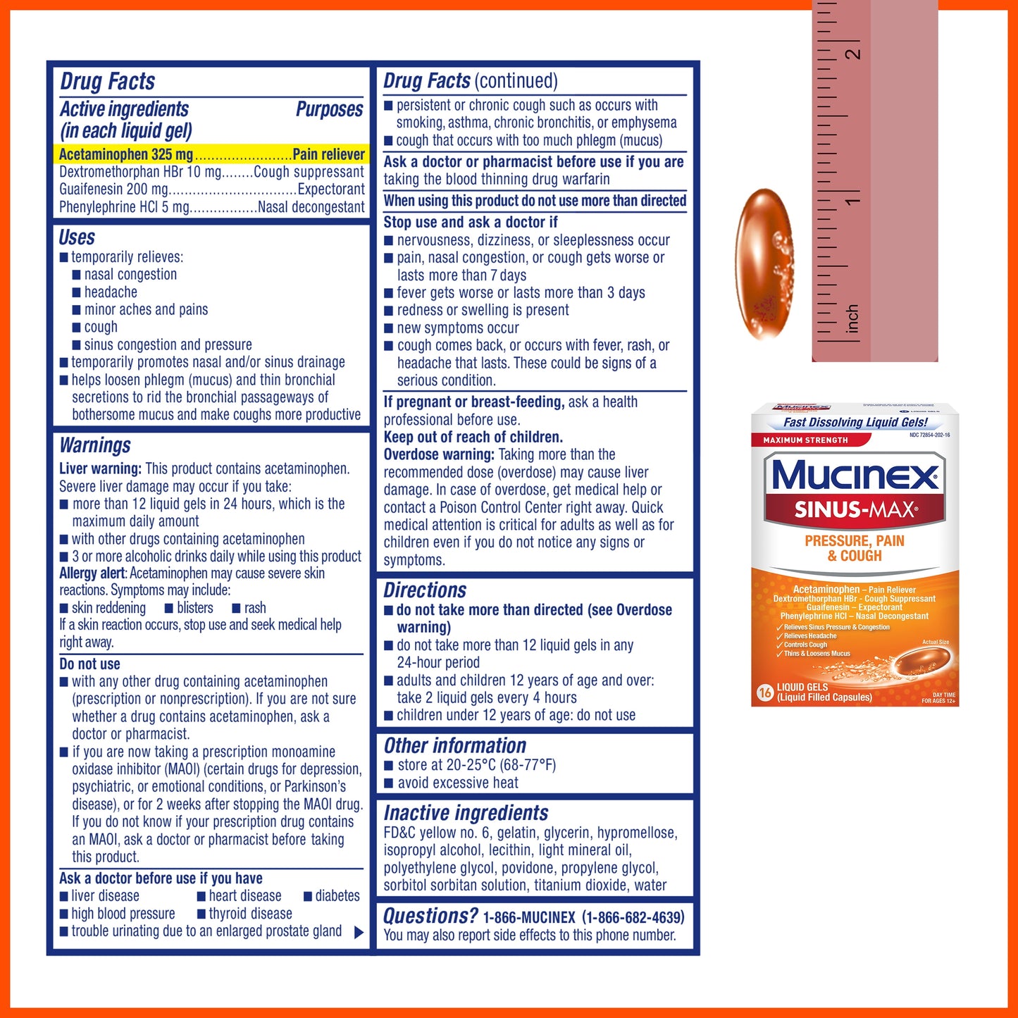 Mucinex Sinus Max Medicine, Pressure, Pain & Cough, 16 Liquid Gels