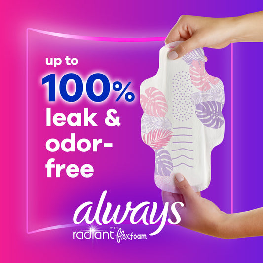 Always Radiant Feminine Pads with Wings, Size 2, Heavy Absorbency, Scented, 36 CT