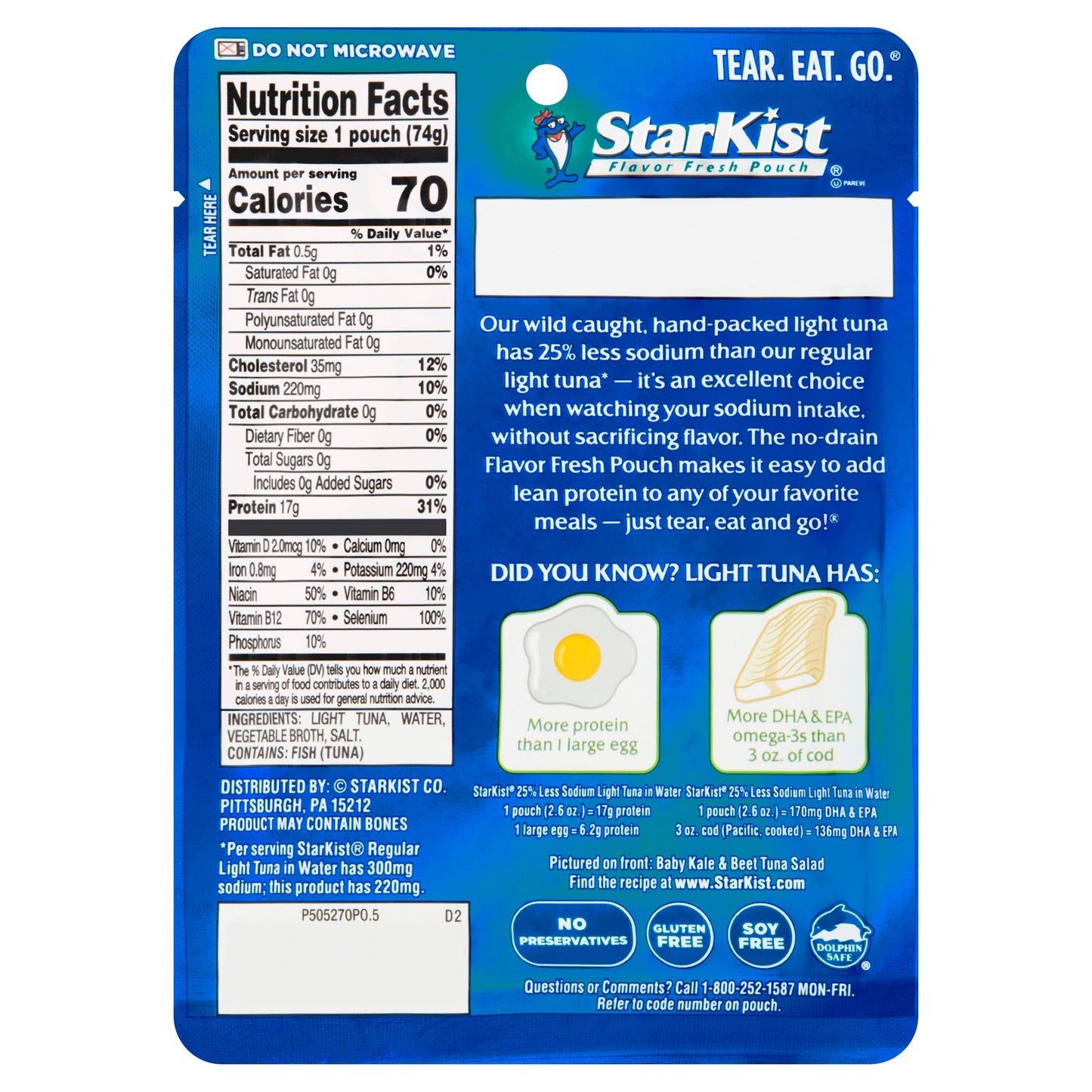 StarKist 25% Less Sodium Light Tuna in Water, 2.6 oz Pouch